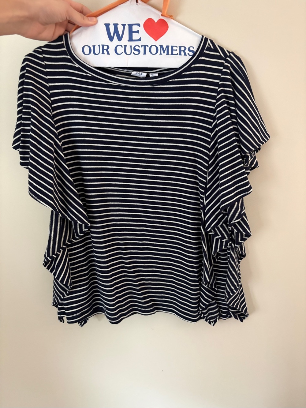 GAP Navy & White Striped Ruffle Sleeve Tee